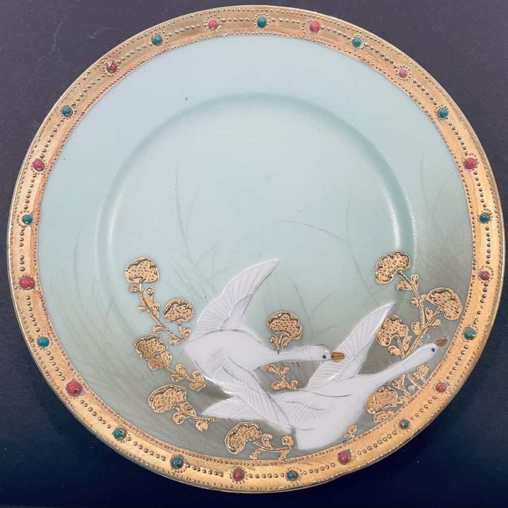 Antique Asian Porcelain Blue Plate Hand Painted Gold White Geese Beaded Rim